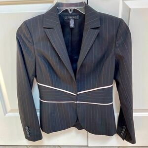 Laundry Charcoal Grey Pink Pinstriped Ribbon Accent Waist Hook Eye Blazer Jacket